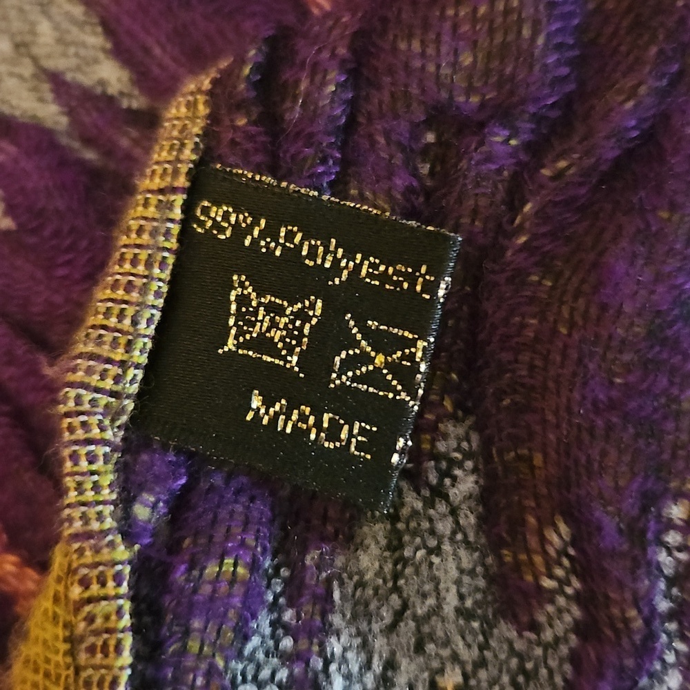 Vintage Purple and Green Multi-color Open Weave Crinkle Fringe Scarf - Picture 2 of 9